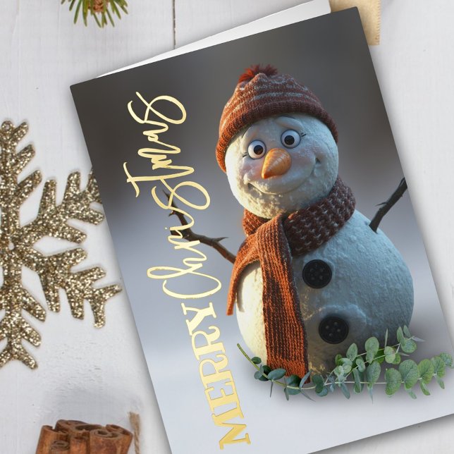 Carte De Vacances Métallisée Snowman cozy handwritten script merry christmas  (Luxury gold foil script, merry christmas card)