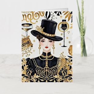 Carte De Vacances Métallisée Style Moulin rouge, noir et or, Luxe riche