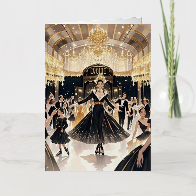 Carte De Vacances Métallisée Style Moulin rouge, noir et or, Luxe riche (Recto)