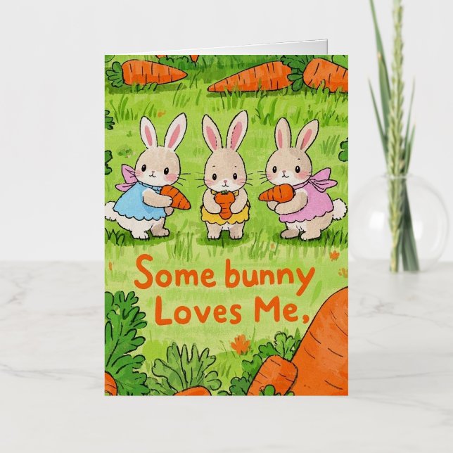 Carte De Vacances Métallisée Un Lapin De Pâques M'Aime (Recto)