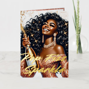 Carte De Vacances Métallisée Une Femme Glamoureuse Pop Champagne Anniversaire