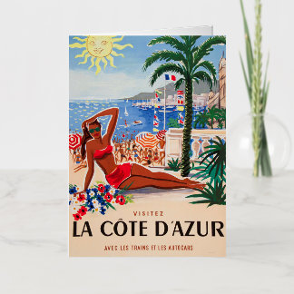 Carte De Vacances Métallisée Vintage Côte d'Azur Beach Girl