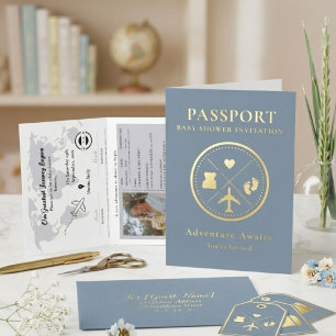 Carte De Vacances Métallisée Voyage Passeport Bleu Garçon Baby Shower