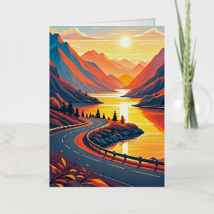 Carte De Vacances Métallisée Voyage pittoresque sur une route sinueuse, coucher