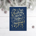 Carte De Vacances Métallisée Wishing you a happy hanukkah handlettering<br><div class="desc">Handlettered "wishing you a happy hanukkah" blue and gold foil; background color is editable; photos inside optional</div>