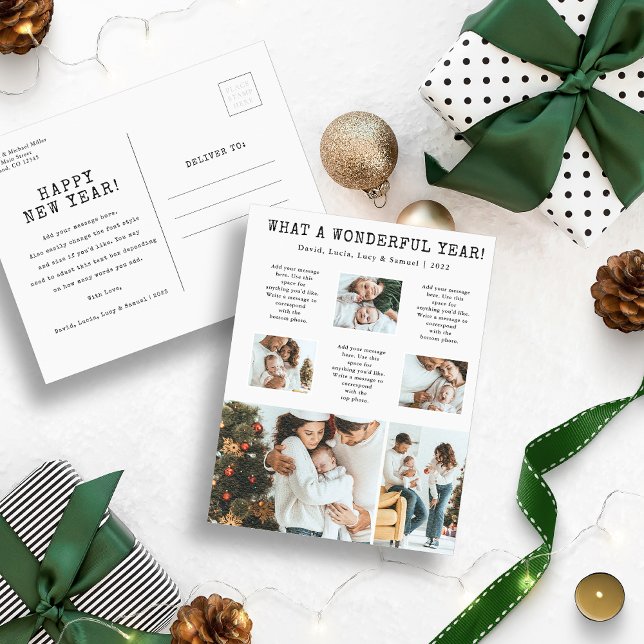 Carte de vacances moderne avec collage de photos (What A Wonderful Year Photo Collage Holiday Christmas Postcard)