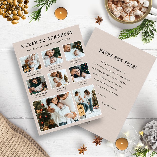 Carte de vacances moderne en collage de photos (Tan and Black A Year To Remember Photo Collage Christmas Holiday Year In Review Cards)
