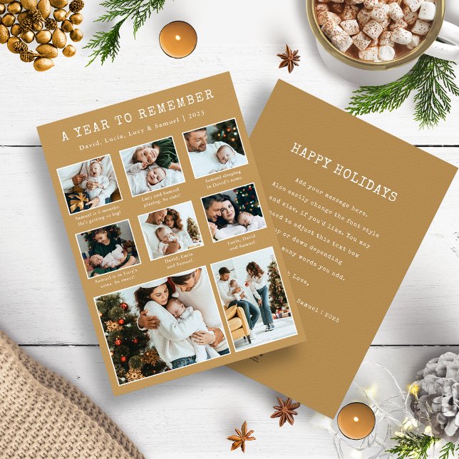 Carte de vacances moderne en collage photo or (Gold and White A Year To Remember Photo Collage Christmas Holiday Year In Review Cards)