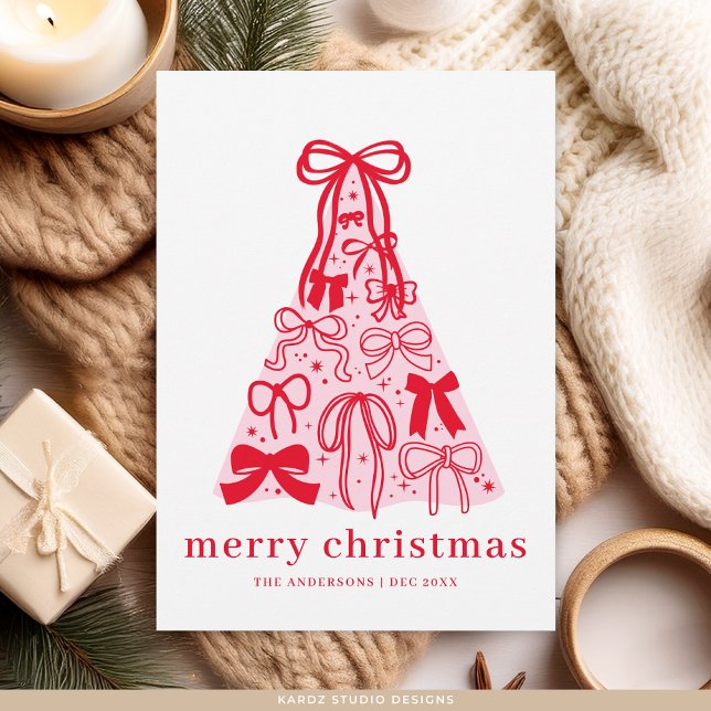 Carte de vacances moderne Joyeux Rose Bow Tree Fla (Christmas card shown in 5 x 7 inches with square corners. Choose size, paper and corner style.)