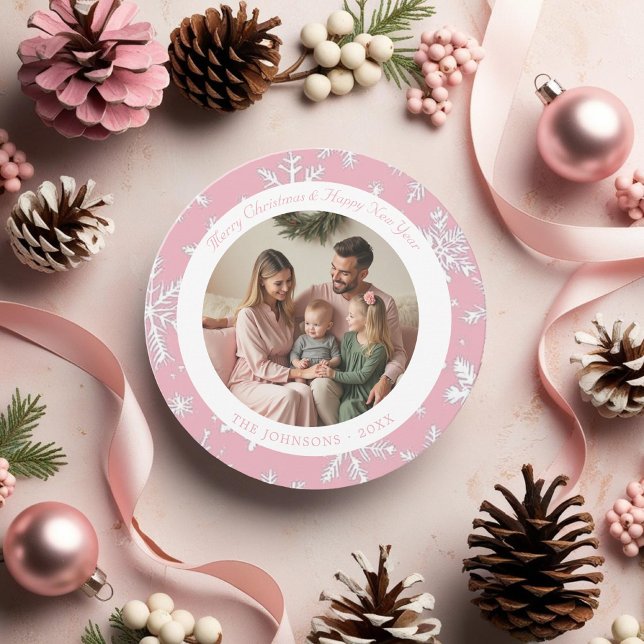 Carte de vacances moderne rose et blanc (Modern Pink and White Snowflakes Holiday Card)
