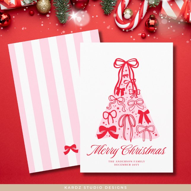 Carte de vacances moderne rose rouge ruban arbre à (Holiday card shown in 5 x 7 inches, personalize and choose paper and corner style before checkout.)