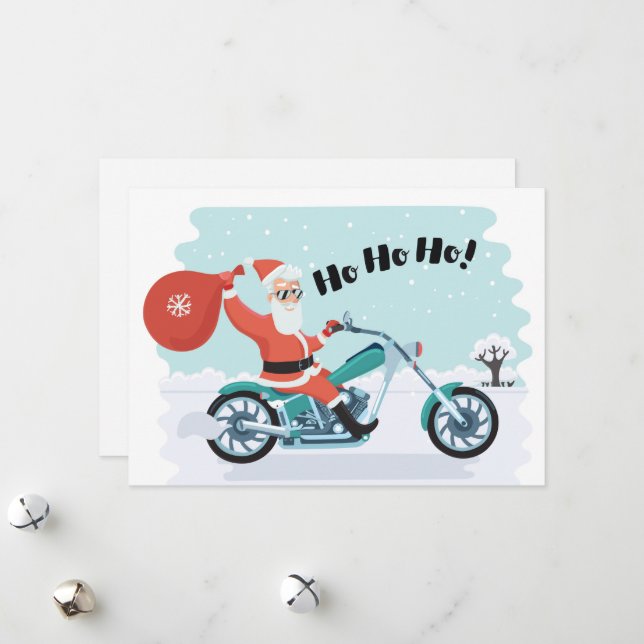 Carte de vacances Noël Père Noël Biker (Devant/Arrière en situation)