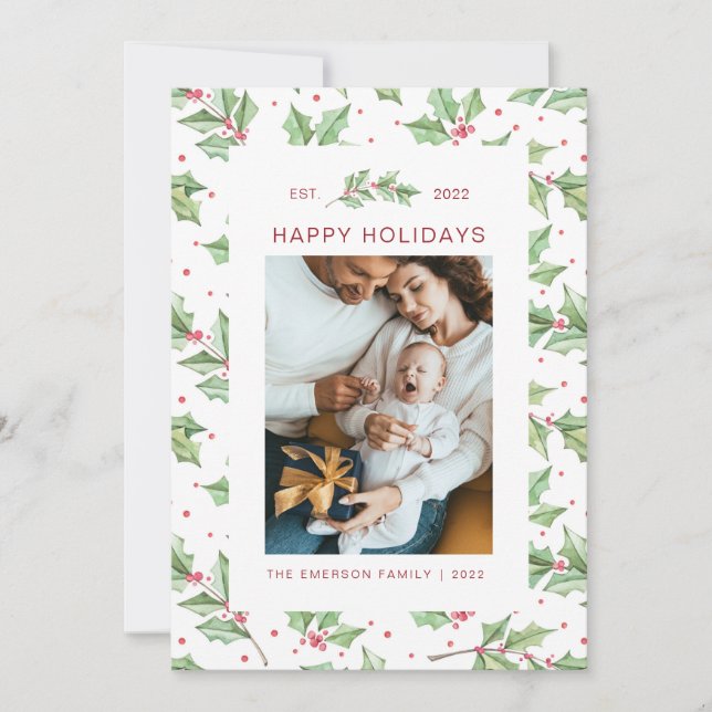 Carte de vacances Noël Watercolor Holly Berries (Devant)