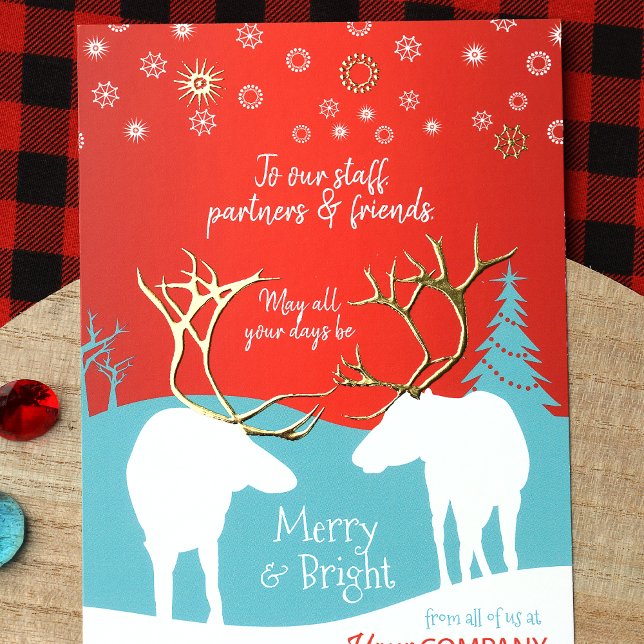 Carte de vacances Office Rouge, Turquoise Rustique (Rustic Red, Turquoise Gold Foil Elk Antlers Company Holiday Christmas Card with Business Logo)