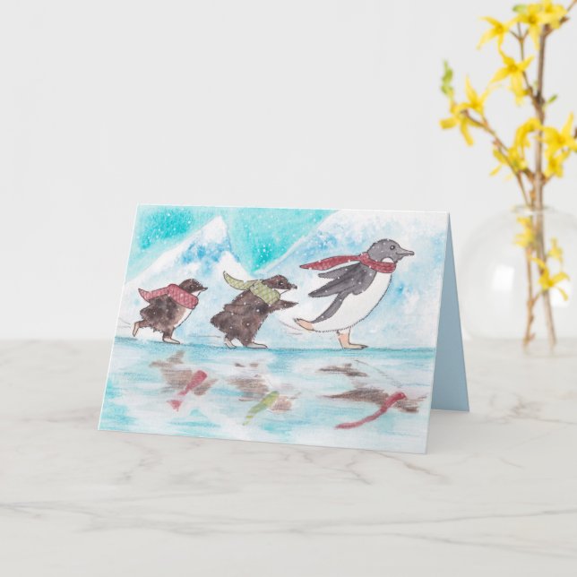Carte de vacances Patinage sur glace Pingouins (Fleur jaune)