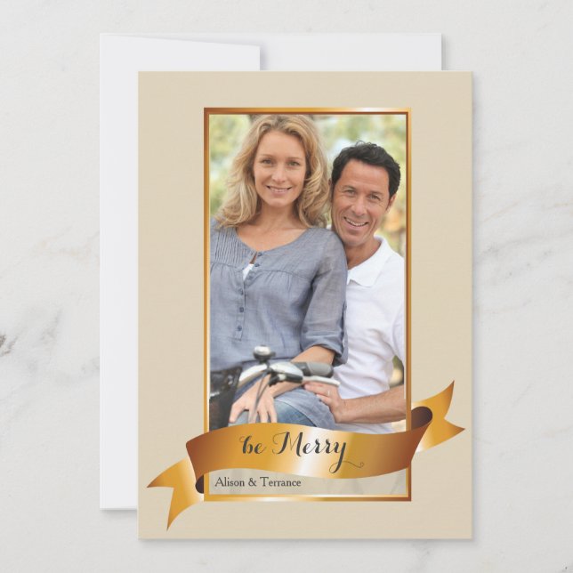 Carte de vacances photo avec cadre ruban doré (Devant)