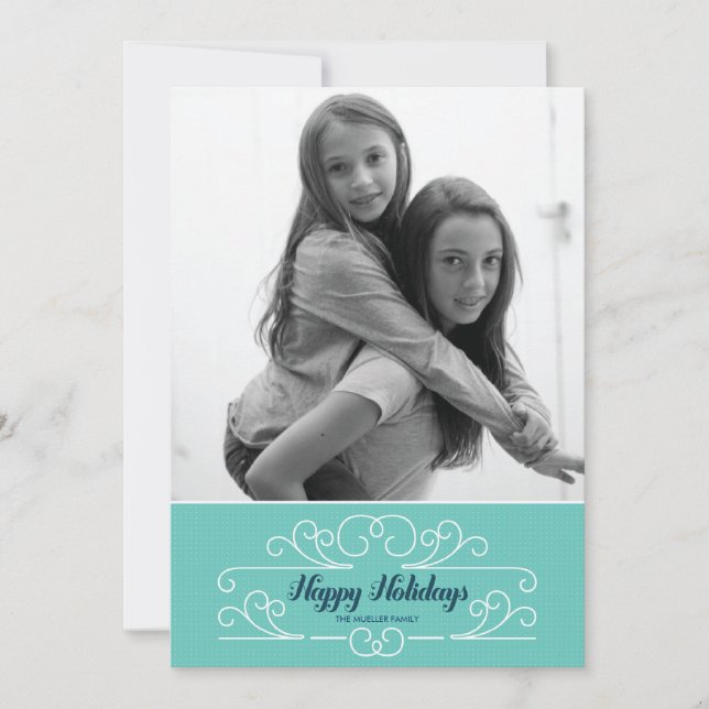 Carte de vacances photo avec motif rétro bleu fleu (Devant)