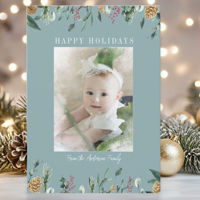 Carte de vacances photo avec superposition de neig (Winter Greenery Snow Bokeh Photo Holiday Card)