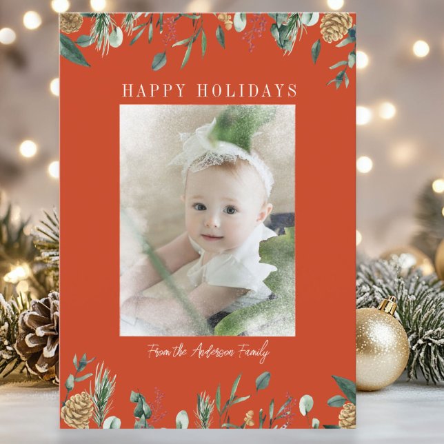 Carte de vacances photo avec superposition de neig (Winter Greenery Snow Bokeh Photo Holiday Card)