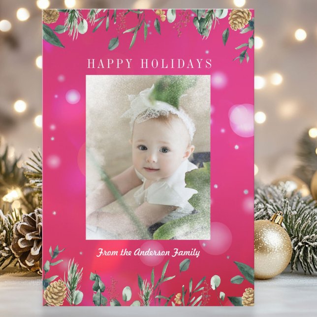 Carte de vacances photo Bokeh de verdure hivernale (Winter Greenery Snow Bokeh Photo Pink Holiday Card)