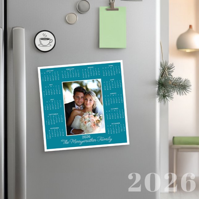 Carte de vacances photo Calendrier magnétique Turq (2026 Teal Magnetic Calendar Photo Holiday Card)