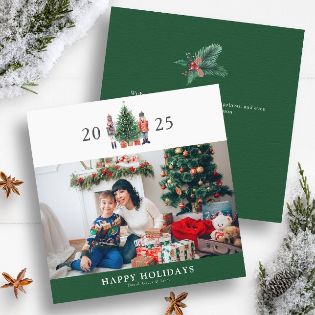 Carte de vacances photo Casse-Noisette vert (Christmas 2025 Green Nutcracker Photo Happy Holidays Card by Painted Paperie
)