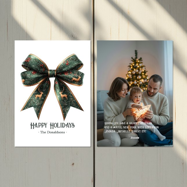 Carte de vacances photo de fêtes avec un ruban ver (Elegant Green Bow Holiday Photo Holiday Card)