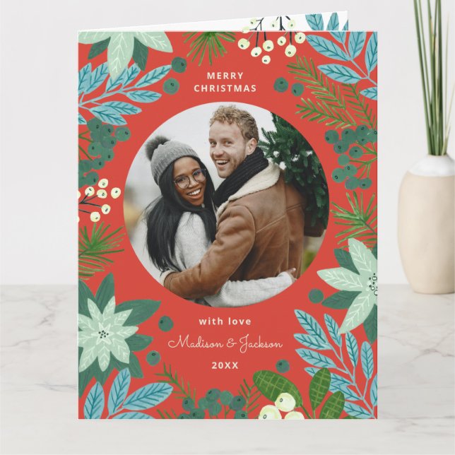 Carte de vacances photo de Noël rouge floral (Devant)