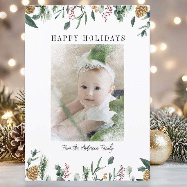 Carte de vacances photo de verdure hivernale avec  (Winter Greenery Snow Bokeh Photo Holiday Card)