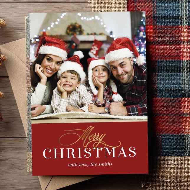 Carte de vacances photo en or moderne avec feuille (Wishing you a Merry Christmas ✨ Send your love with this elegant family photo holiday card.)