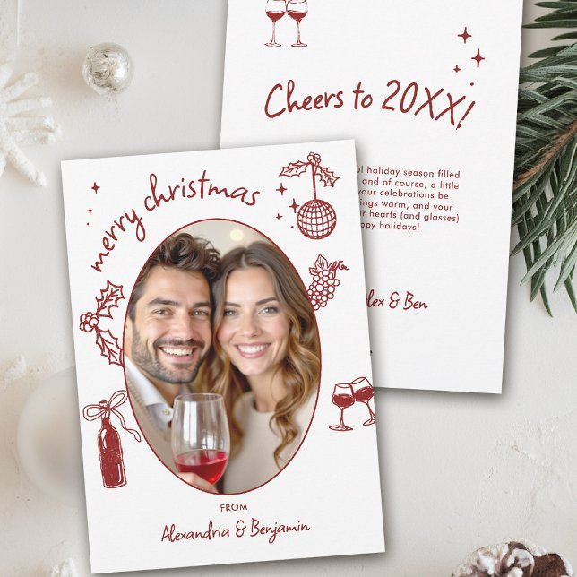 Carte de vacances photo fantaisiste dessinée à la  (wine lover holiday christmas photo card drinks hand drawn winery friendsmas)