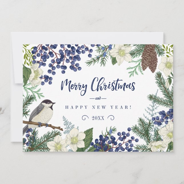 Carte de vacances photo Floral & Winter Bird | Pho (Devant)