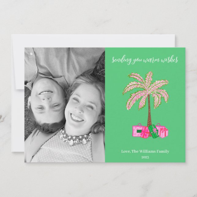 Carte de vacances photo palmier avec vœux chaleure (Devant)