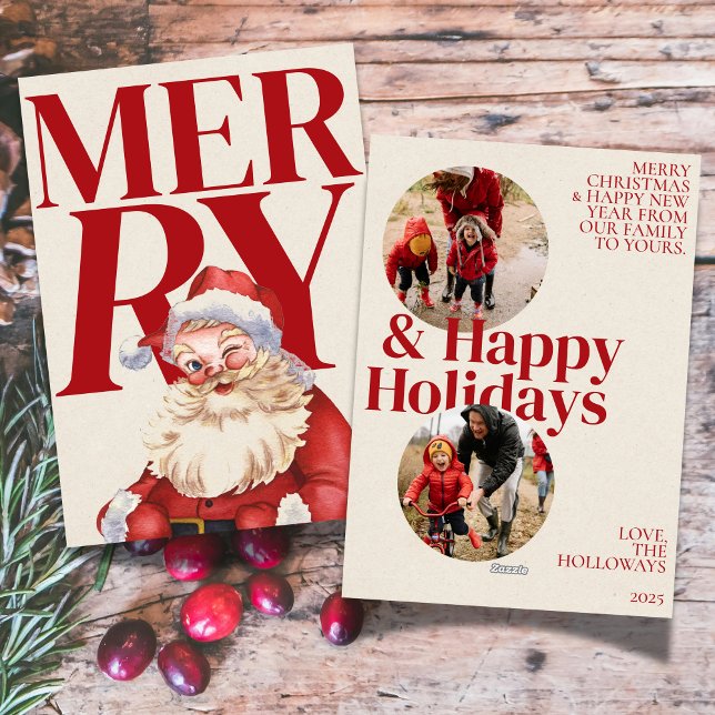 Carte de vacances photo Père Noël Red Typographie  (Bring bold holiday cheer to your mailbox with this vibrant red Santa-themed photo card! )