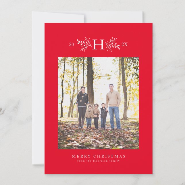 Carte de vacances photo rouge avec monogramme rust (Devant)