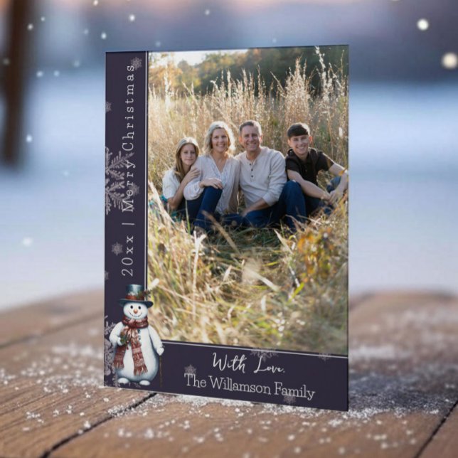 Carte de vacances photo Snowman pourpre souriant (Purple Smiling Snowman Holiday Photo Card)