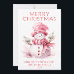 Carte de vacances Pink Christmas Snowman<br><div class="desc">Pink Christmas Snowman pour la carte de Noël en bleu pour un accueil festif de vacances à la famille et les amis.</div>