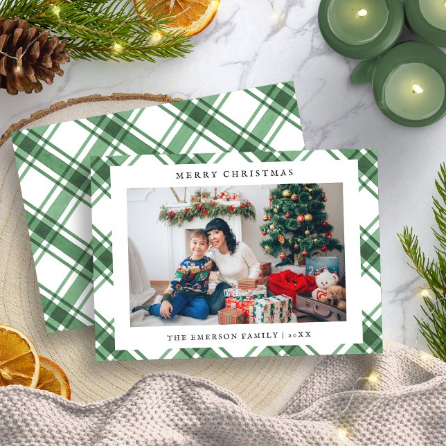 Carte de vacances plate à carreaux de Noël avec ph (Photo Christmas Plaid Flat Holiday Card
)