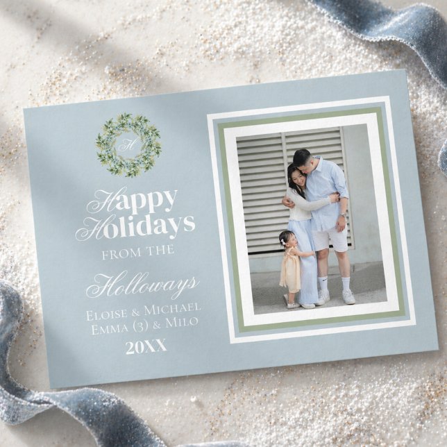 Carte de vacances plate avec monogramme en script  (Watercolor Monogram Script Photo Flat Holiday Card)
