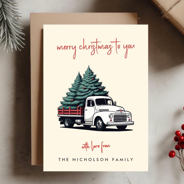 Carte de vacances plate | Camion de livraison d'ar (A vintage inspired delivery truck flat holiday card design with retro festive flair)
