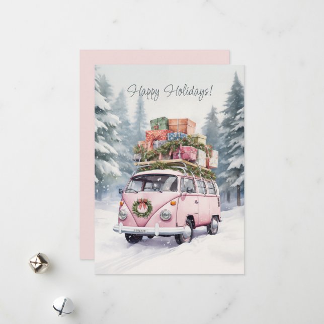 Carte de vacances plate de Vanagon rose (Devant/Arrière en situation)