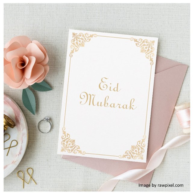 Carte de vacances plate Eid Mubarak en or blanc (Créateur téléchargé)