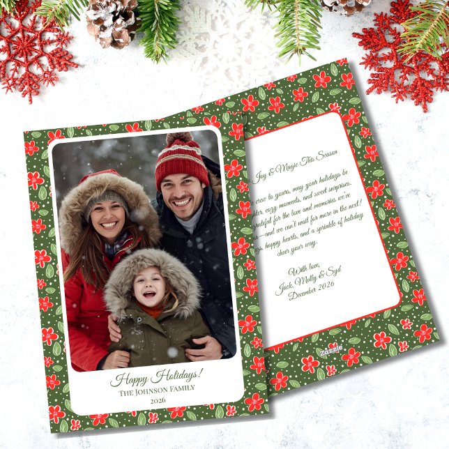 Carte de vacances plate et photo de fleurs rouges  (Modern Floral Photo Flat Holiday Card)