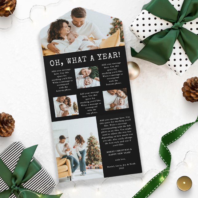 Carte de vacances pliable en trois pour la famille (Black and White Photo Collage Holiday Year In Review Christmas Card)