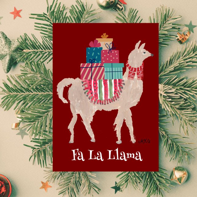 Carte de vacances pliée à l'animal dessiné à la ma (This festive llama is hand painted with vivid colors that pop against the red background.)