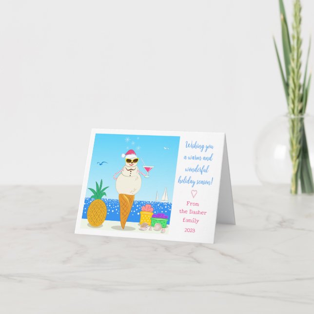 Carte de vacances pliée avec un Père Noël tropical (Devant)