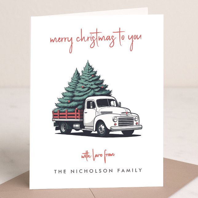 Carte de vacances pliée | Camion de livraison de N (A vintage inspired delivery truck folded holiday card design with retro festive flair)