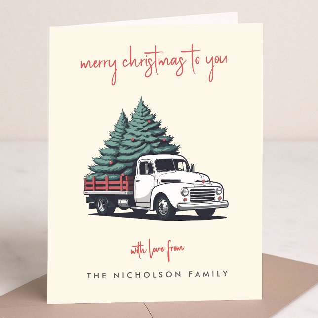 Carte de vacances pliée | Camion de livraison de N (A vintage inspired delivery truck folded holiday card design with retro festive flair)