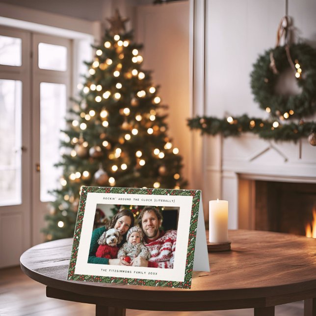 Carte de vacances pliée de Noël moderne (Holly Leaf Christmas folded horizontal card)