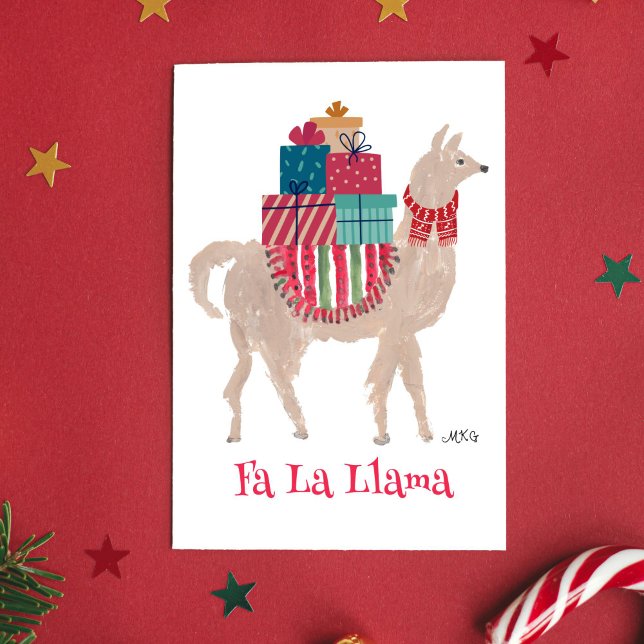 Carte de vacances pliée et illustrée à la main Fa  (This colorful festive Fa La Llama is unique. I painted the animal by hand with gouache watercolors.)